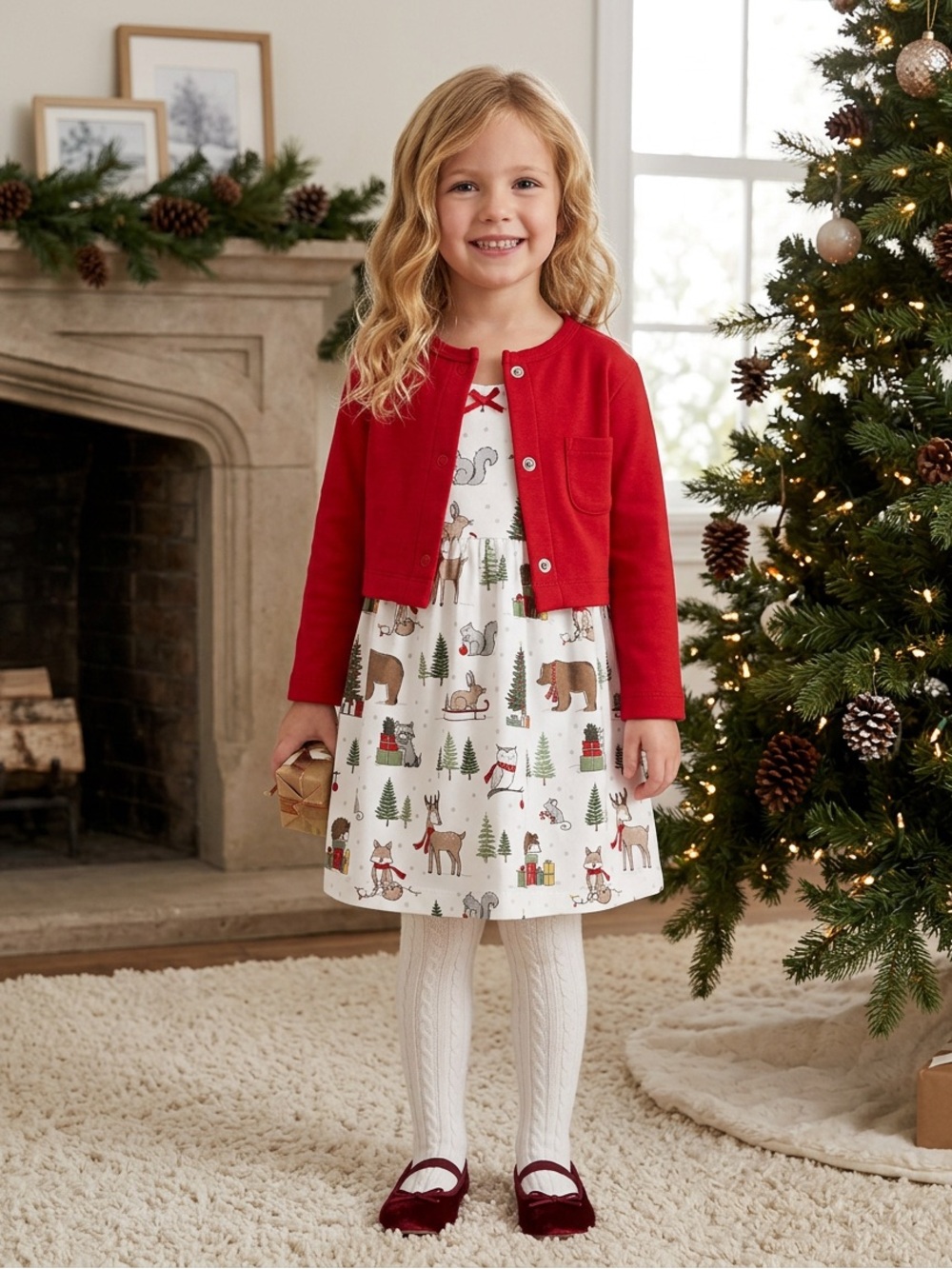 Girls Red Cardigan and Holiday Print Dress Set - Picture 6 of 6